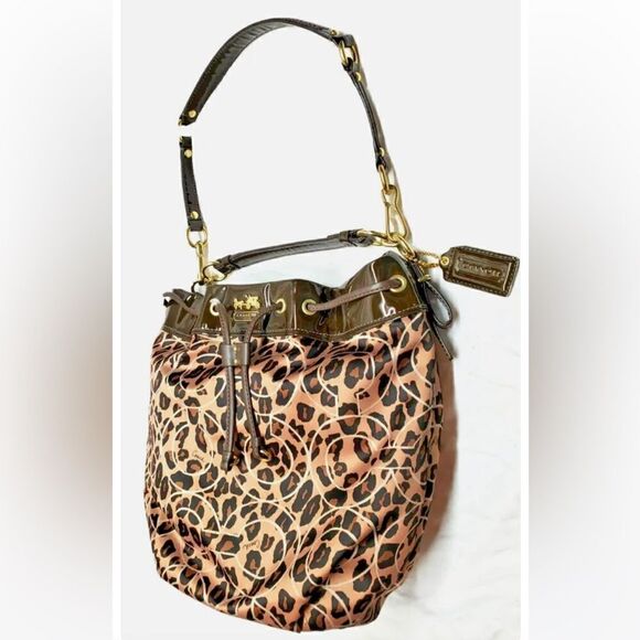 Coach 17768 Optic Marielle Ocelot Leopard Print Drawstring Shoulder Bag Sateen - Picture 1 of 7